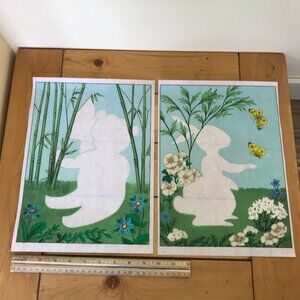 Bamboo Bear Flower Rabbit Partly Completed Wall Hanging Artex Tri-Chem Paintings